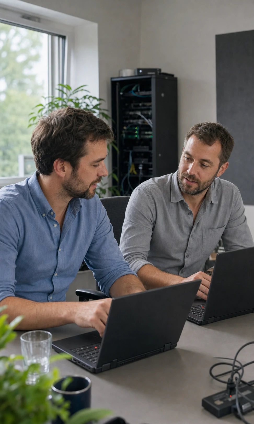 Zwei Systemadministratoren bei der gemeinsamen Arbeit an einer IT-Umgebung
